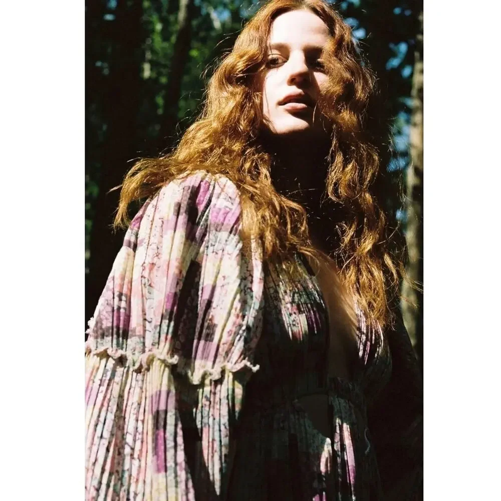 SEA NY Maxi Dress Patchwork Floral Naya Cutout‎ Long Sleeve Pleated Purple XS - Picture 4 of 11